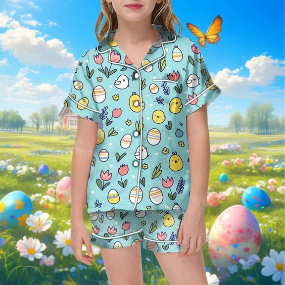 Kids Girls Easter Pajamas Set Easter Bunny Print Button up Short Sleeve Shirt and Shorts Pajamas Set Toddler Cute Clothes 12-13 Years