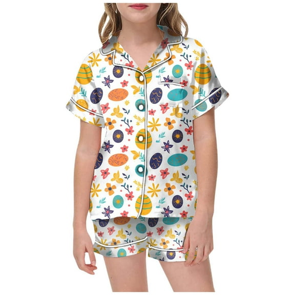 Kids Girls Easter Pajamas Set Easter Egg Cartoon Printed Button Down Short Sleeve Shirt and Shorts Pajamas Set Girls Satin Pajamas Size 12-13 Years