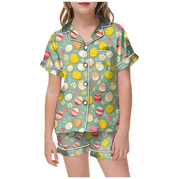Kids Girls Easter Pajamas Set Easter Egg Cartoon Printed Button up Short Sleeve Shirt and Shorts Pajamas Set Toddler Clothes Easter 12-13 Years