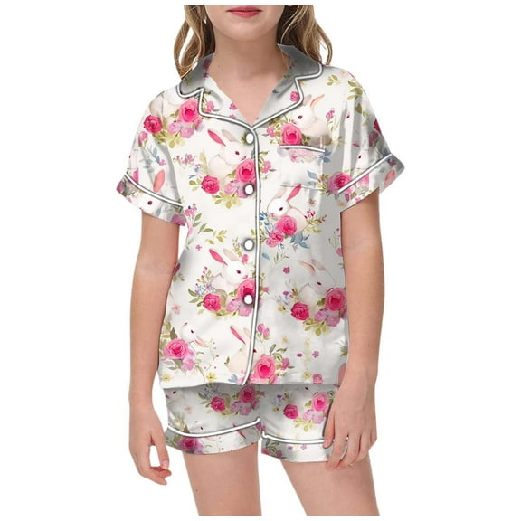 Kids Girls Easter Pajamas Set Easter Egg Cartoon Printed Button up Short Sleeve Shirt and Shorts Set Easter Clothes 6-7 Years