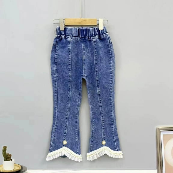 Kids Girls Elastic Waist Cool Ripped Jeans Washed Denim Wide Leg Ripped Denim Jean Age 2-7 Years Blue A 6 Years