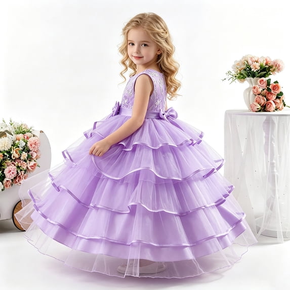 Kids Girls Elegant Floral Embroidered Dress Layered Tulle Puffy Evening Gown with Bowknot for Formal Events