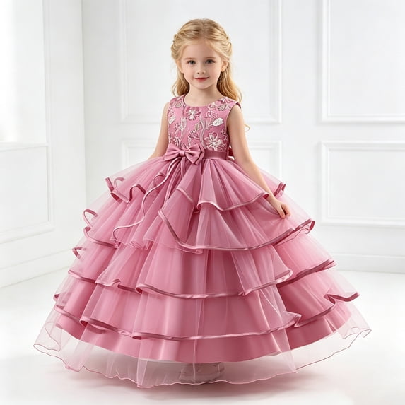 Kids Girls Elegant Floral Embroidered Dress Layered Tulle Puffy Evening Gown with Bowknot for Formal Events