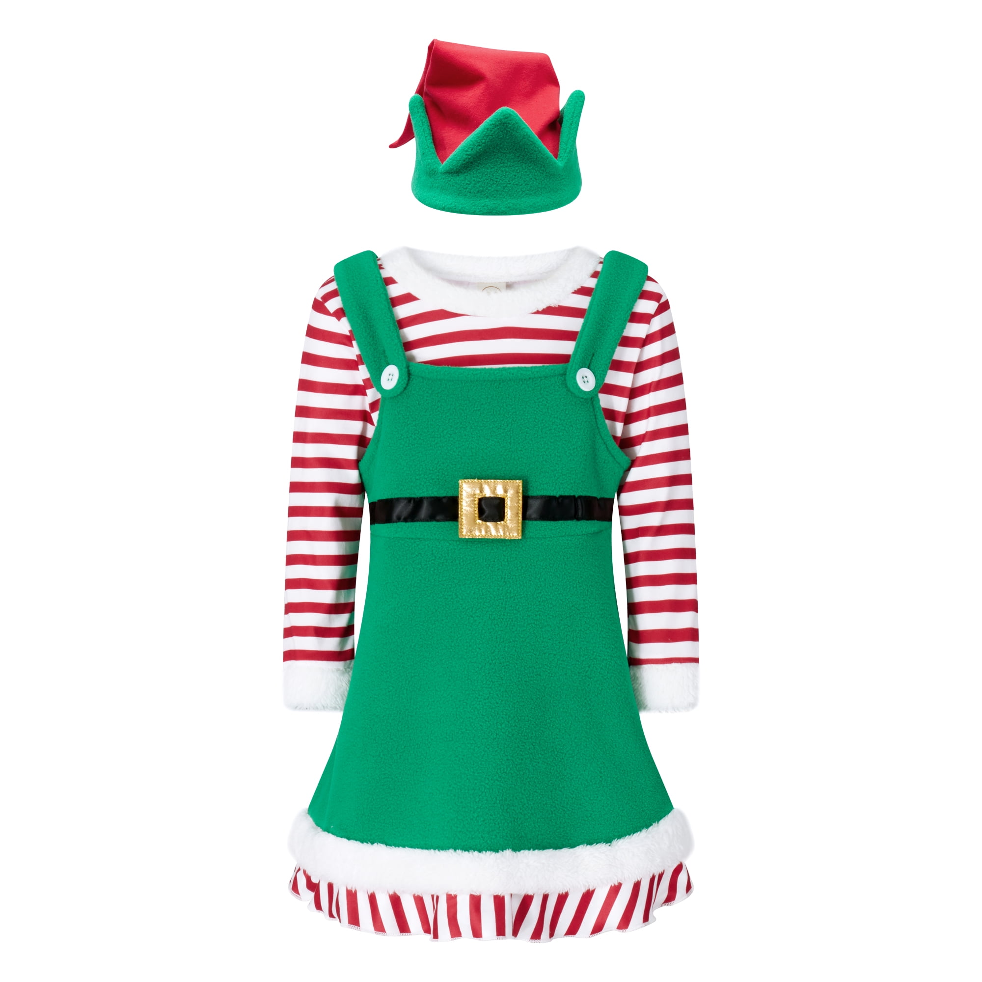 Kids Girls Elf Costume Outfits Christmas Hat Fuzzy Trim Striped Tops and Dress Set Cosplay