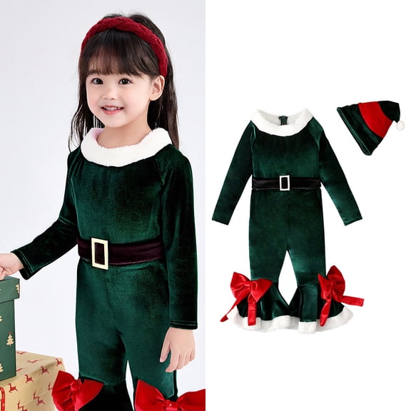 Kids Girls Elf Outfit Long Sleeve Romper Flare Jumpsuit Hat Set Boys Christmas Outfits Holiday Party Dress 3-4 Years