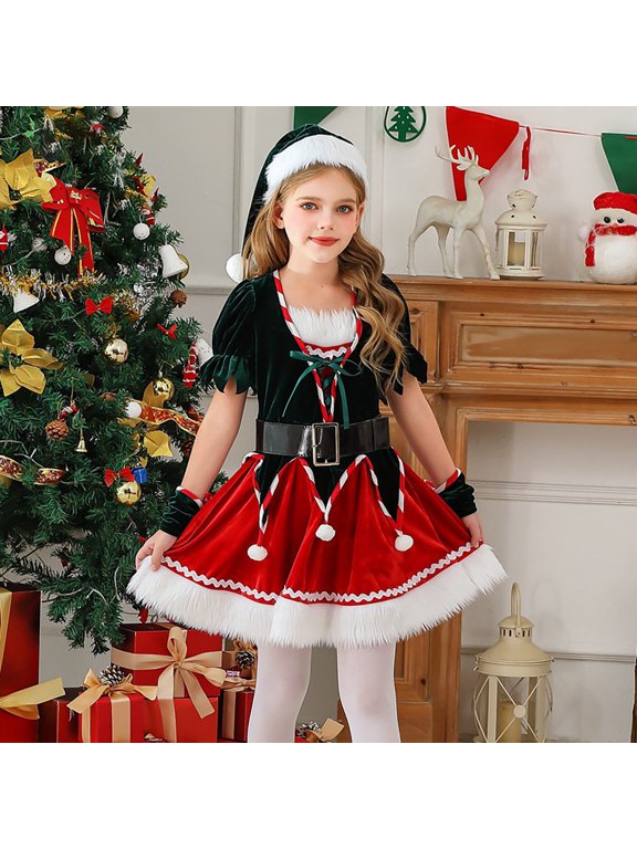 Kids Girls Elf Outfit Short Sleeve Dress + Hat + 2 Pairs of Gloves + Belt Set Kids Christmas Outfits for Girls Party Dress 3-4 Years