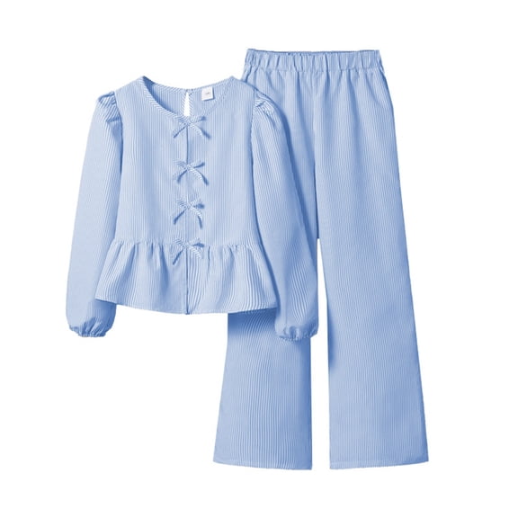 Kids Girls Fall Outfit Fashion Bow Knot Ruffle Striped Blouse Long Pants Casual Wear Two Piece Set Clothes