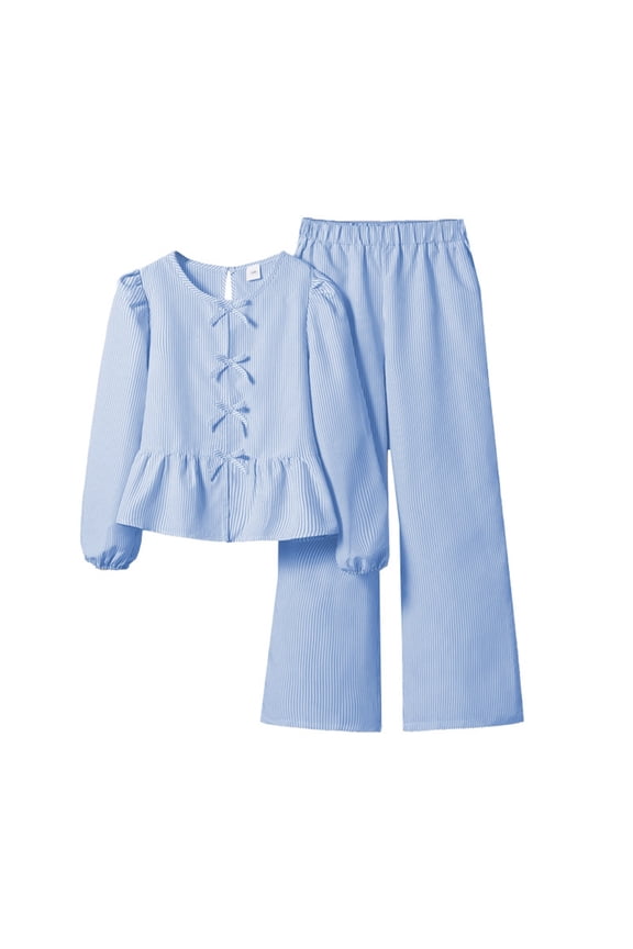 Kids Girls Fall Outfit Fashion Bow Knot Ruffle Striped Blouse Long Pants Casual Wear Two Piece Set Clothes
