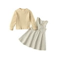 thumbnail image 1 of Kids Girls Fall Outfit, Long Sleeve Crew Neck Patchwork T-shirt with Plaid A-line Tank Dress Set, 1 of 8