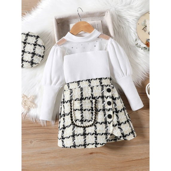 Kids Girls Fall Outfits Sequins Stars Moon Mesh Patchwork Ribbed Long Sleeve T-Shirts Plaid Skirts Beret Cap 3Pcs Set