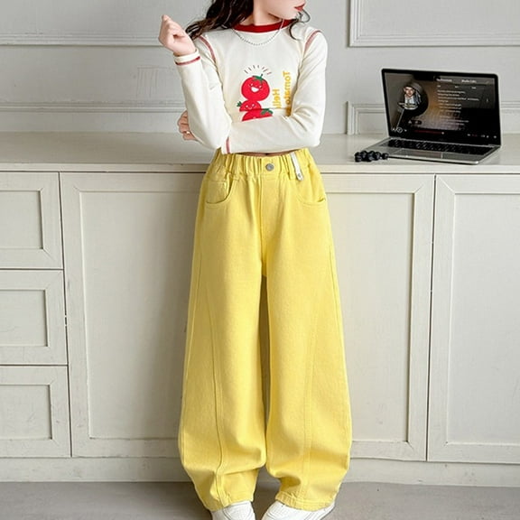 Kids Girls' Fashion Jeans Elastic High Waist Wide Leg Denim Pants Teen Clothing Girls Clothes Size 11-12 Years Girls Fashion
