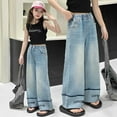 thumbnail image 1 of Kids Girls' Fashion Jeans Elastic High Waist Wide Leg Pants Trousers Cute Clothes for Toddler Girls 3-4 Years, 1 of 7