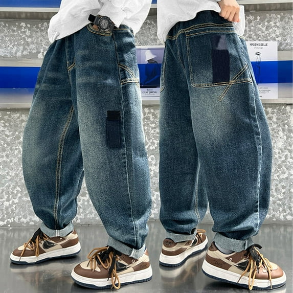 Kids Girls' Fashion Jeans Elastic Waist Wide Leg Pants Trousers Cargo Joggers for kids Girls Boys Athletic Pants 7-8 Years