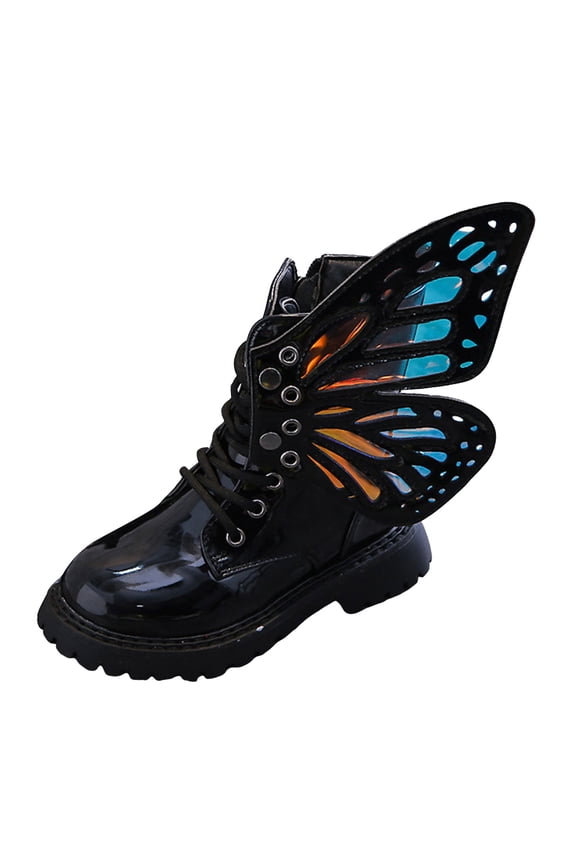 Kids Girls Fashion Lace Up Leather Ankle Boots with Detachable Butterfly Wings Platform Non Slip Mid Calf Combat Booties Black Size 11.5 Little Child