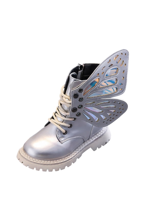 Kids Girls Fashion Lace Up Leather Ankle Boots with Detachable Butterfly Wings Platform Non Slip Mid Calf Combat Booties Silver Size 12 Little Child
