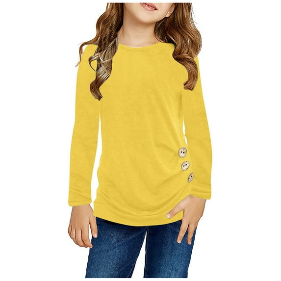 Kids Girls Fashion Top Shirt Solid Color Button Casual Tunic Tops Long Sleeve Loose Crewneck Blouse T-Shirt Tee Dance Bra Tops for Girls Solid Long Sleeve Tops Undershirts for Girls 5-6 Size 2 Clothes