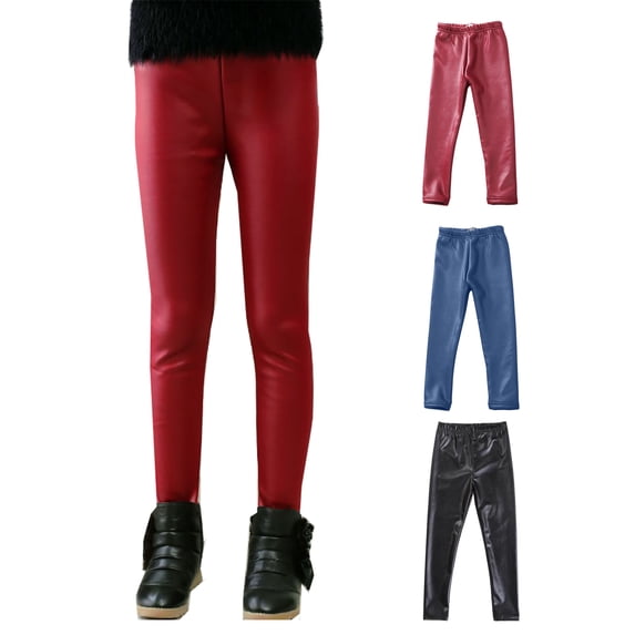 Kids Girls Faux Leather Pants Toddler Girls Winter Fleece Lined Leggings Fashion Stretchy Trousers