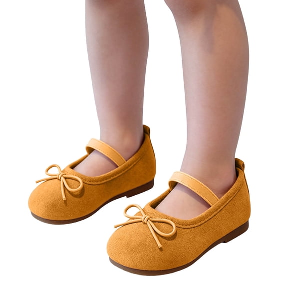 Kids Girls First Walker Mary Jane Ballet Flats - Non-Slip Soft Sole Bow Shoes with Elastic Strap, Yellow,Size 26