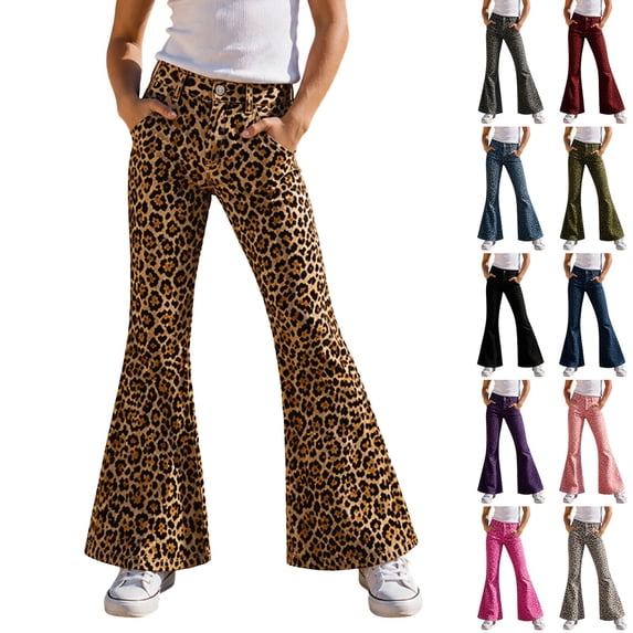 Kids Girls Flare Leggings School Uniform Pants Leopard Print Casual Wide Leg Pants for Kids Trousers Fit Elastic Waist Girls Bottoms 5-6T