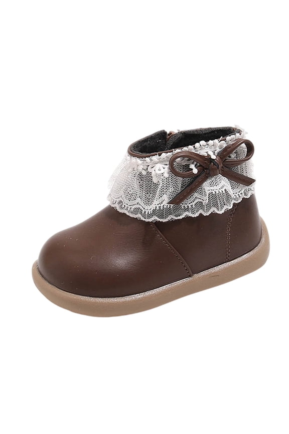 Kids Girls Flat Ankle Boots Toddler Fashion Lace Trimmed Fleece Lined Leather Winter Boots Non Slip Walking ShoesBrown Size 7 Toddler