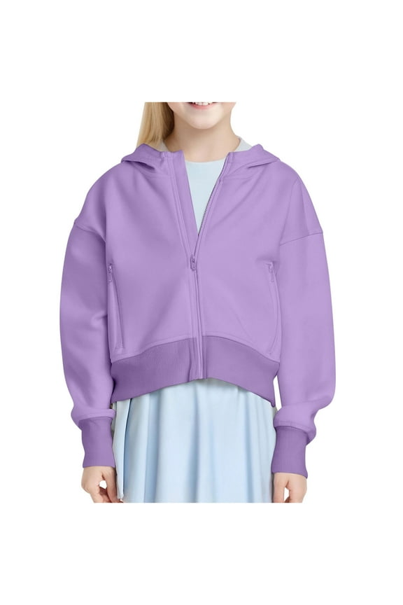 Kids Girls Fleece Jackets Solid Color Full Zip-Front Hooded Sweatshirt Childrens Performance Fall Hoodie Outwears Sports Long Sleeve Pullover Crop Top