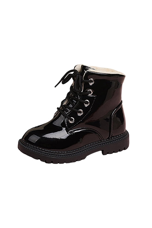 Kids Girls Fleece Lined Leather Combat Boots Platform Lace Up Ankle Boots Comfortable Non Slip Plush Walking Winter Boots Black Size 13 Little Child