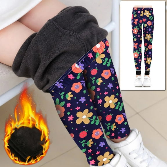 Kids Girls Fleece Lined Leggings Warm Winter Thicken Pants Printing Slim Pants Thick Thermal Trousers Colourful Girls Winter Warm Pants Floral Printed Tights 3-10 Years