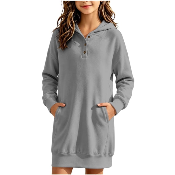 Kids Girls Fleece Lined Sweatshirt Hooded Quarter Button Pullover Dress,Relaxed Fits Daily School Casual Wear,Drop Shoulder with Pocket,Gray,12-13Years