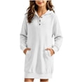 thumbnail image 1 of Kids Girls Fleece Lined Sweatshirt Hooded Quarter Button Pullover Dress,Relaxed Fits Daily School Casual Wear,Drop Shoulder with Pocket,White,9-10Years, 1 of 6
