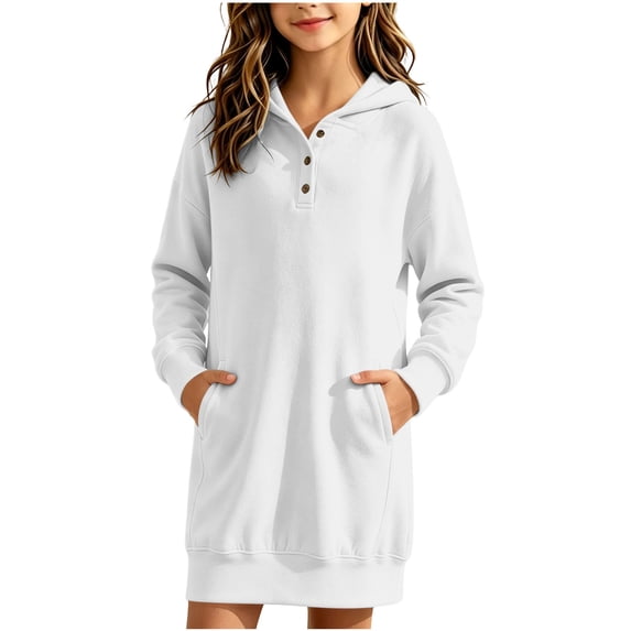 Kids Girls Fleece Lined Sweatshirt Hooded Quarter Button Pullover Dress,Relaxed Fits Daily School Casual Wear,Drop Shoulder with Pocket,White,9-10Years