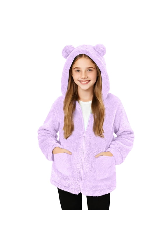Kids Girls Fleece Zip up Hoodie Soft Fuzzy Jacket Hooded Winter Outwear Windproof Thicken Coat with Pockets New Casual Basic Sweatshirt Purple 6-7 Years