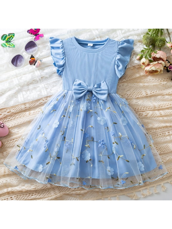 Kids Girls Floral Embroidered Tulle A-Line Dress with Bow Breathable Summer Party Dress Blue 3T,Size 3 T