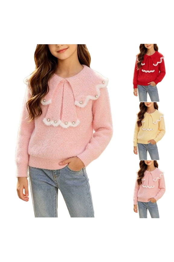 Kids Girls Fluffy Fuzzy Knit Sweater, Long Sleeve Pullover with Decorative Peter Pan Collar, Bow and Pearl Details, Warm Cozy Top Yellow 1-2 Years