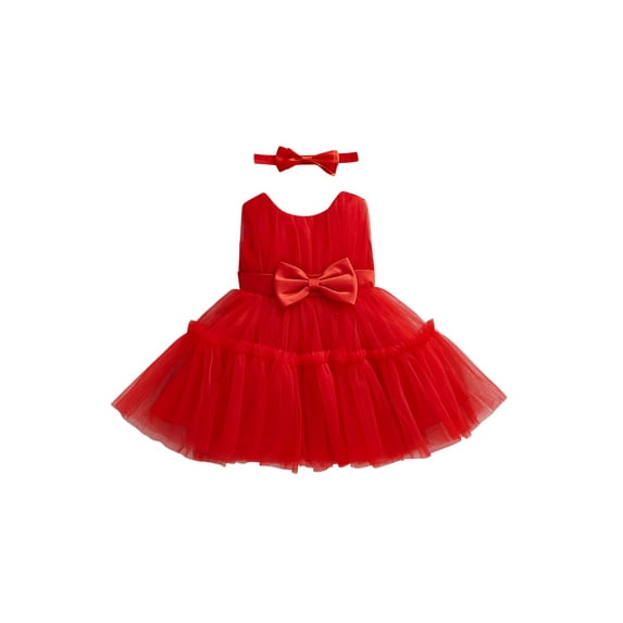 Kids Girls Formal Long Dress Solid Color Sleeveless Ruffled Mesh Bowknot Dress+Headband