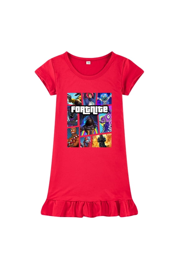 Kids Girls Fortnites Multiplayer Video Game Cartoon Graphic Printed Costume Nightgown Sleepshirts Short Sleeves T-shirt Dress Pajamas Pjs Homewear Nightie Sleepskirt Nightdress Sleepwear Gift 3-10