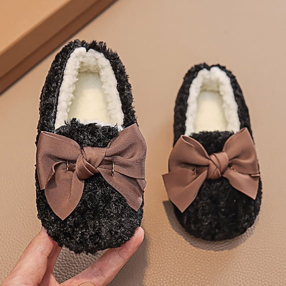 Kids Girls Fuzzy Slippers with Bow Non-Slip Faux Shearling Warm House Shoes Black,Size 26