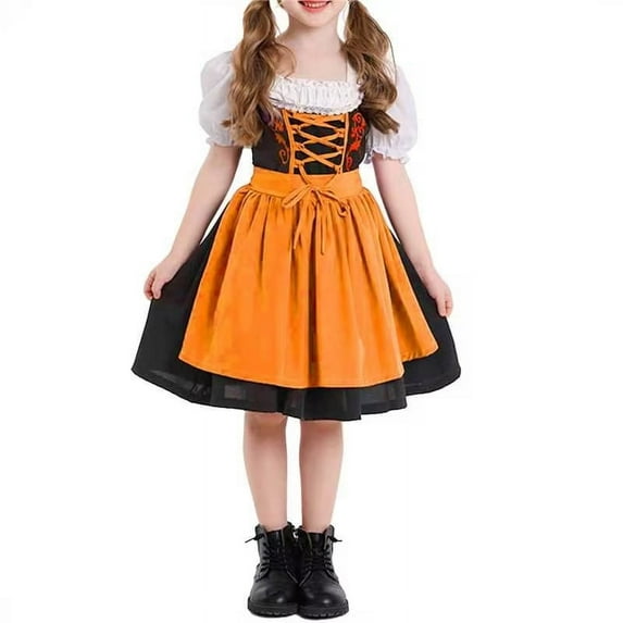 Kids Girls German Dirndl Dress Short Sleeve Oktoberfest Bavarian Dresses Trendy Party Traditional Dress Festival Outfit