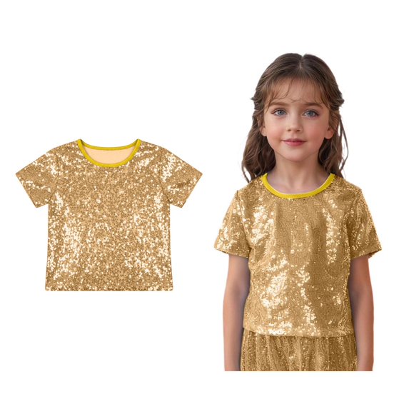 Kids Girls Glitter Sparkly Crop Tops Short Sleeves Dance T-Shirt Latin Jazz Hi Hop Stage Performance 3-7 Years