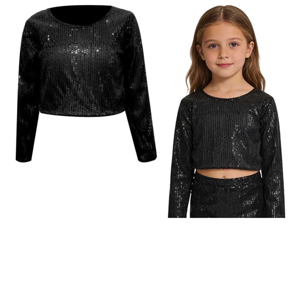 Kids Girls Glitter Sparkly Cropped Top Long Sleeve Dance Tops Ballet Latin Jazz Dance Party Stage Performance 3-10 Years