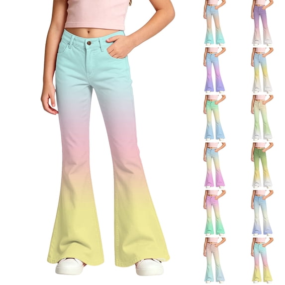 Kids Girls Gradient Flare Pants School Uniform Candy Color Dress Bottoms Flared Leggings Casual Stretchy Girls Trousers 7-8T