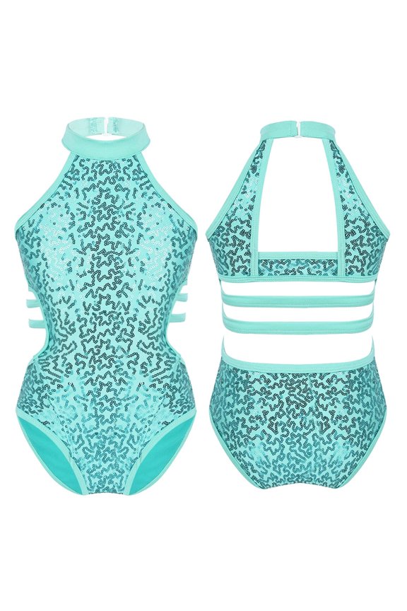 Kids Girls Gymnastics Leotards Sparkly Sequins Dancewear Back Strappy On Child Ballet Dance Jumpsuit