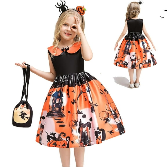 Kids Girls Halloween Costume Dress Ghost Pumpkin Skull Printed Fancy Dress Up Cosplay Party Outfits
