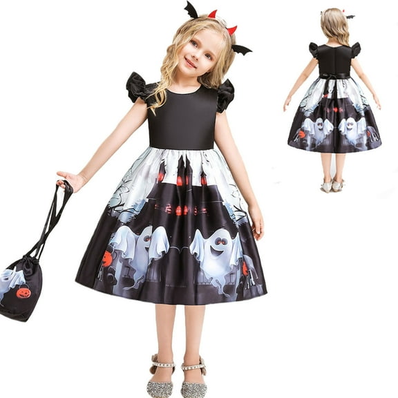 Kids Girls Halloween Costume Dress Ghost Pumpkin Skull Printed Fancy Dress Up Cosplay Party Outfits