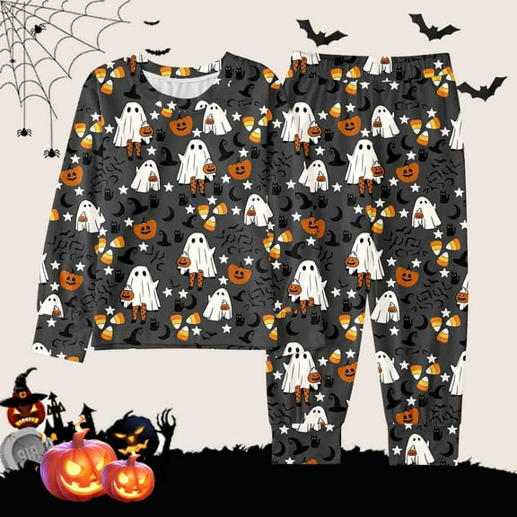 Kids Halloween Pajamas Kids Pumpkin Ghost Bat Print Boy Pajamas Set Crewneck Long Sleeve Top Pants Set Kids Girls Pjs Size 7-8 Years