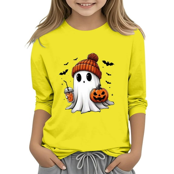 Kids Girls Halloween Shirts Youth Pumpkin Graphic Thanksgiving P𝐚rty Tees Tops Teen Ghos𝐭 Coffee Crewneck Cute Trendy Clothes