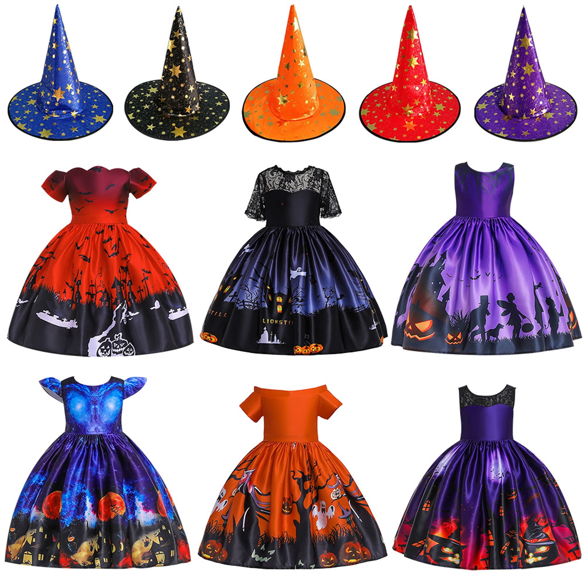 HIHCBF Girls Halloween Witch Costume – Witch Hat & Skull Print Dress, Kids Fancy Dress Up For Parties (Size 6-7T) - View #8