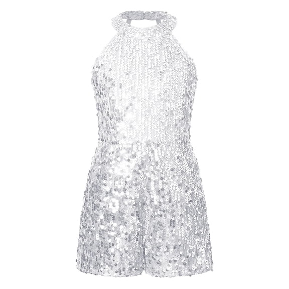 Kids Girls Halter Shiny Sequins Gymnastics Ballet Dance Shorty Unitard Teen Performance Modern Dance Costumes