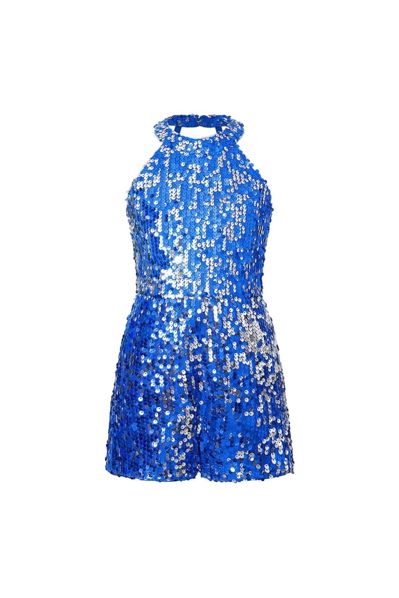 Kids Girls Halter Shiny Sequins Gymnastics Ballet Dance Shorty Unitard Teen Performance Modern Dance Costumes