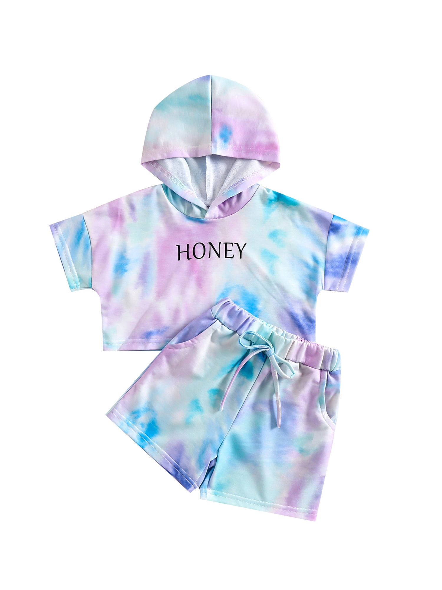 2-piece Kid Girl Letter Print Tie Dyed Short-sleeve Tee and Ripped Denim Shors Set