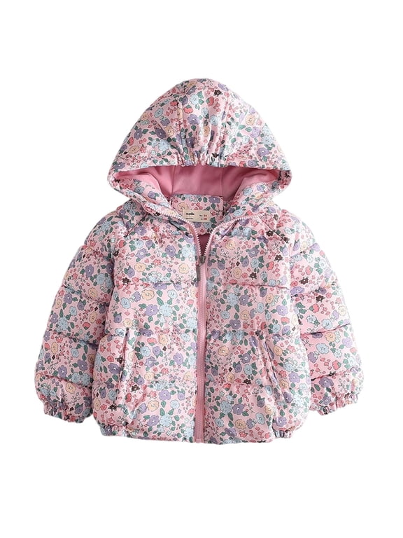 Kids Girls Hooded Puffer Jacket, Lightweight Floral Winter Coat for Kids, Pink,Size 4 T